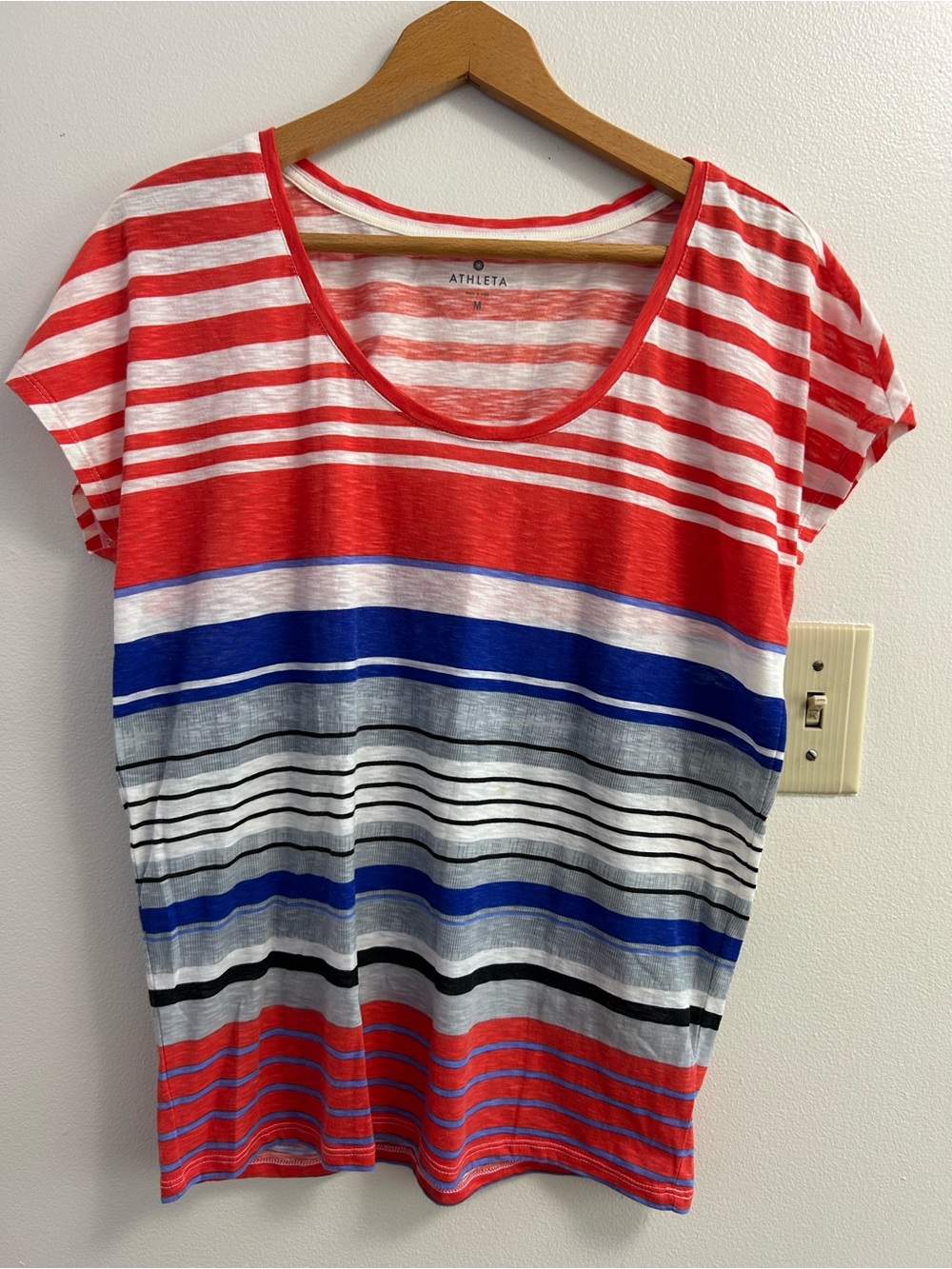 Athleta Red, Blue & White Striped Scoop Neck Tee (Size- M)